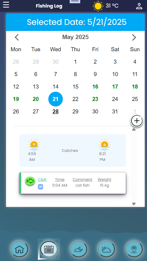 Fishing log with catch calendar
